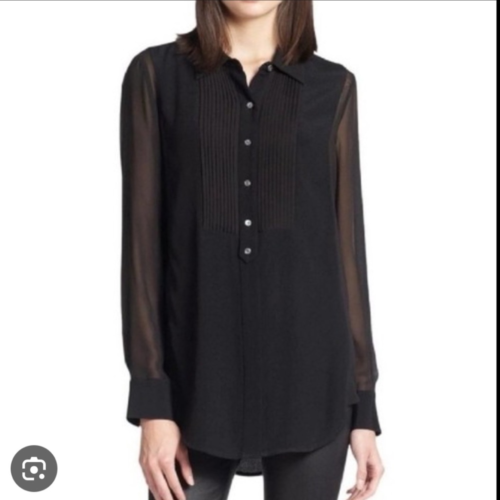 VINCE Tuxedo Black Sheer-Sleeve Women's Blouse size 8 or M Like New